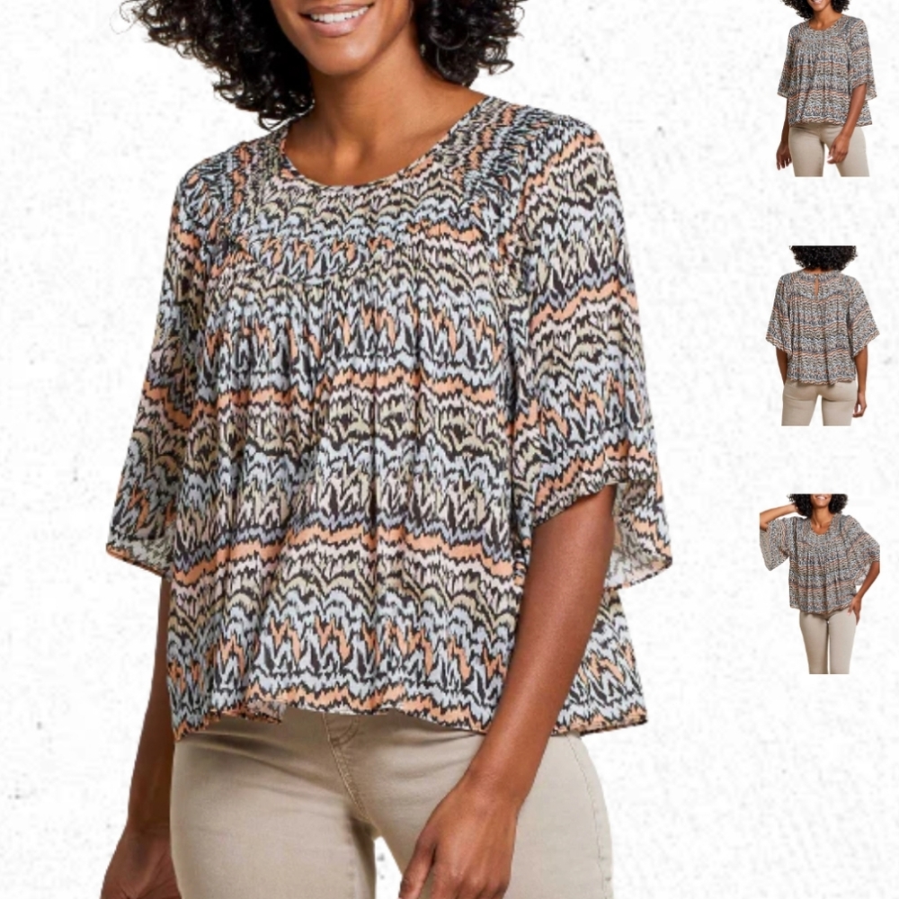 Tribal Flutter Sleeve Multicolor Pattern Top Blouse Sz XL